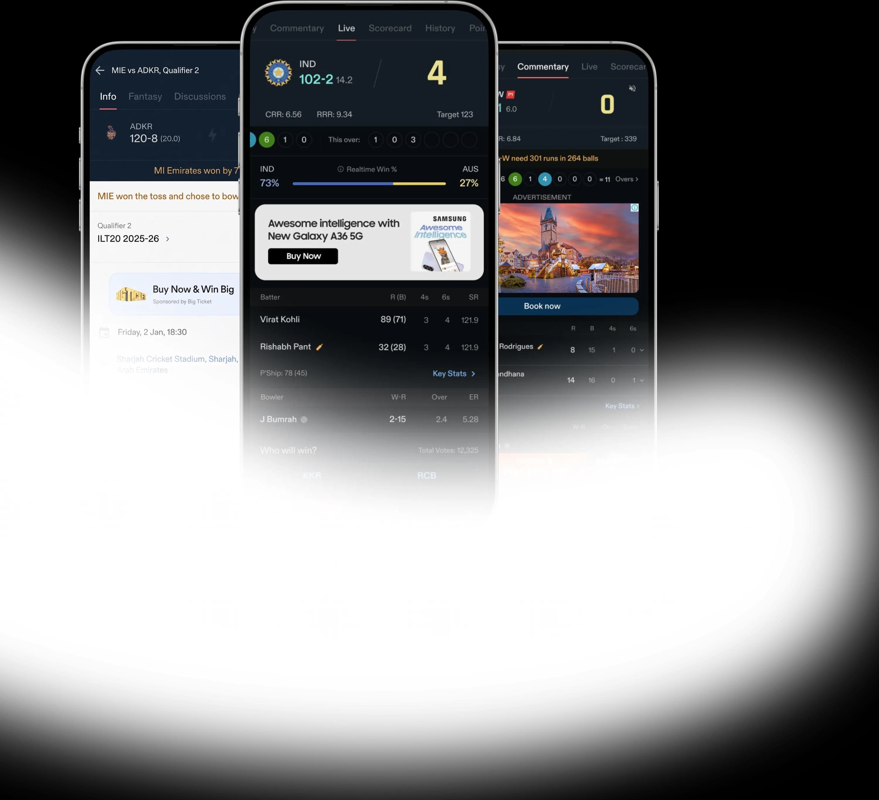 Three phones showing a live scorecard, match info and commentary