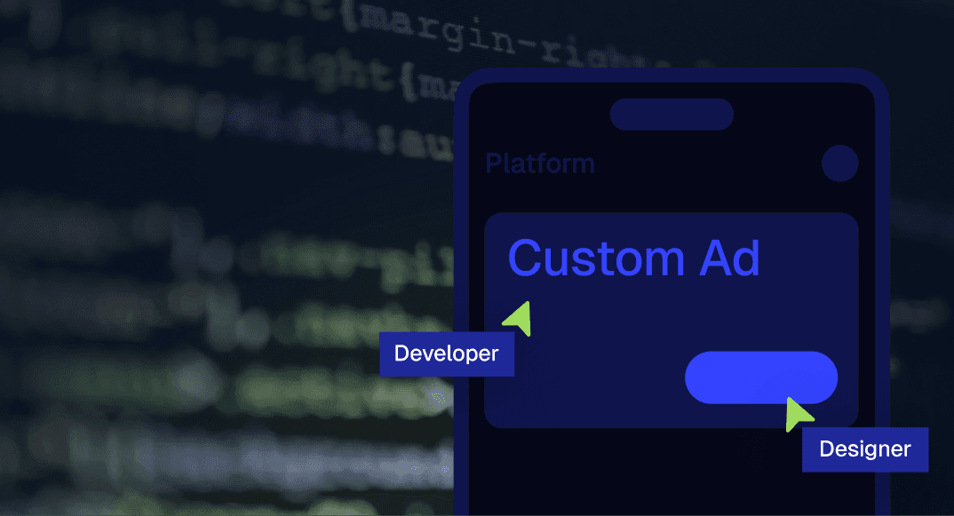 A phone showing a custom ad, with a developer and a designer working on it